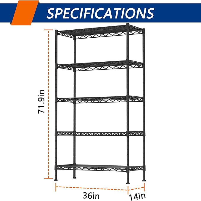 Soywey 5-Shelf Adjustable Heavy Duty Storage Shelving Unit, Metal Organizer Wire Rack for Laundry Bathroom Kitchen Pantry Closet, Black