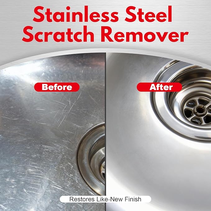 Stainless Steel Scratch Remover Kit, Removes Deep Scratches from Sinks, Ranges, Fridges, Stoves & Appliances, Restores Like-New Finish, for Non-Coated Stainless Steel, with 3 Pads, Compound, Handle