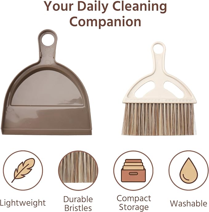 Mini Broom and Dustpan Set, Small Handheld Broom and Dustpan for Desk, Clip-On Hand Brush for Keyboard, Car Interior, Countertop, and Cat Litter Cleaning, Brown