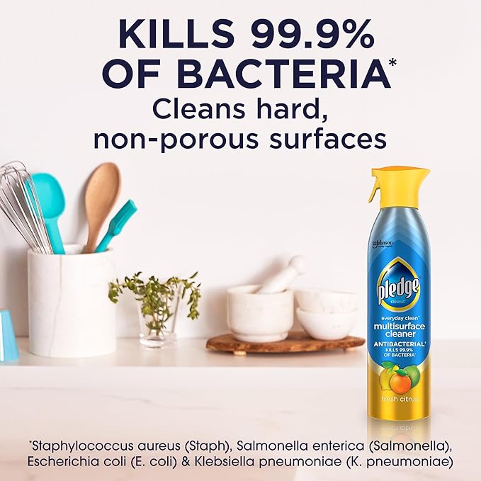 Pledge Antibacterial Multisurface Cleaner Spray, Wood Furniture, Stainless Steel, and Electronics Cleaner, Sanitizes as Cleans, Remove Dust and Messes - Fresh Citrus Scent, 9.7oz