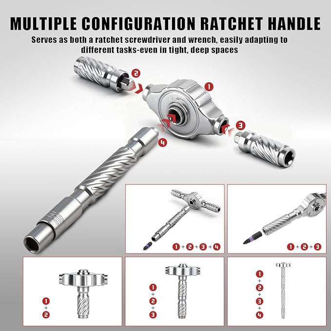 VMAN Ratchet Magnetic Screwdriver Set, 24 in 1 S2 Steel Bits and Head-tail Drive T-Handle, DIY Combination Flexible Shaft for Furniture Assembly, Electrical Appliance Repair, Bicycle Tools