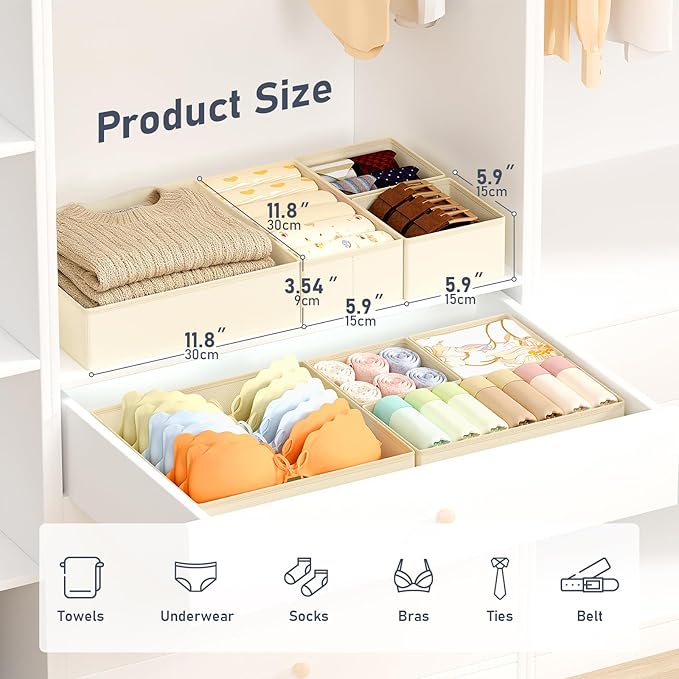 DIMJ Drawer Organizer Clothes 26 Pack - Foldable Baby Organizers and Storage & Closet Organizers for Bedroom, Closet - Nursery Organization Dresser Dividers for underwear, Sock,Bra, Belt, Tie, Beige