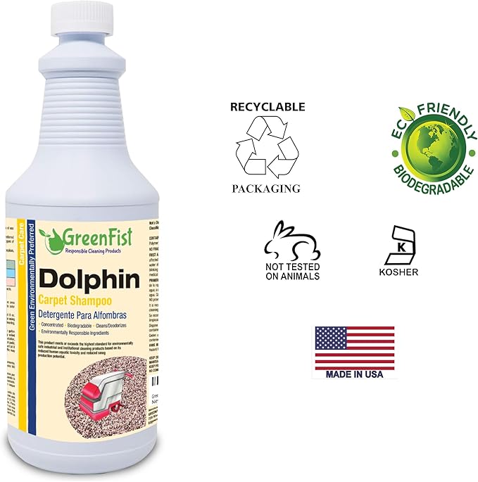 GreenFist Dolphin Carpet Extractor Odor & Stain Remover Shampoo ( Concentrated )Deep Cleaner and Deodorizer[ Any Rug, Upholstery or Carpet Machine] Unscented Formula, 1 Quart Bottle