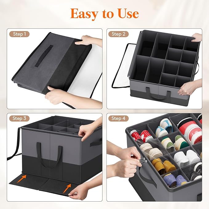 Lifewit 4 Pack Shoe Storage Organizer for Closet, Large Shoe Box Storage Containers with Clear Cover, Foldable Storage Bins Fit for Boots Fits 48-64 Pairs (Each 12-16 Pairs) Gray and Black