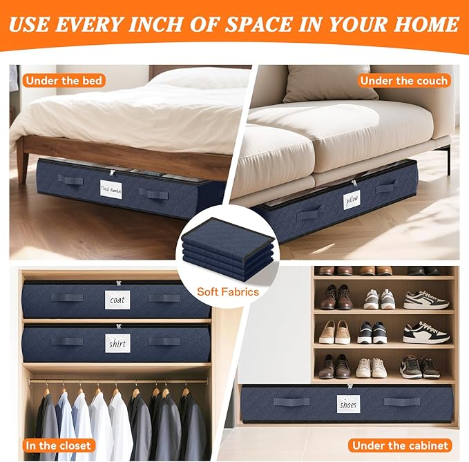 SpaceWhisper 90L Under Bed Storage Containers, 4-Pack Storage Bins with Clear Top, Foldable Closet Organizers and Storage with Label Holder for Clothing, Blankets, Comforter & Pillows(Blue)