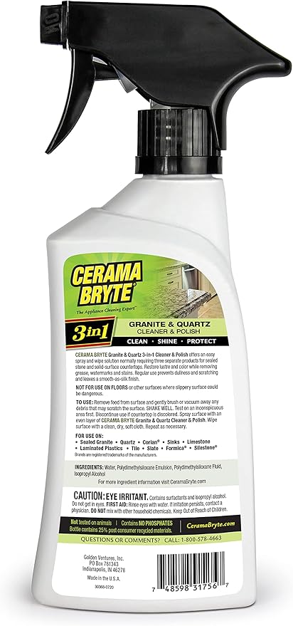 Cerama Bryte Granite & Quartz Cleaner & Polish, 16 Ounce (3 Count), Clean and Protect, Shines Surfaces, Removes Grease