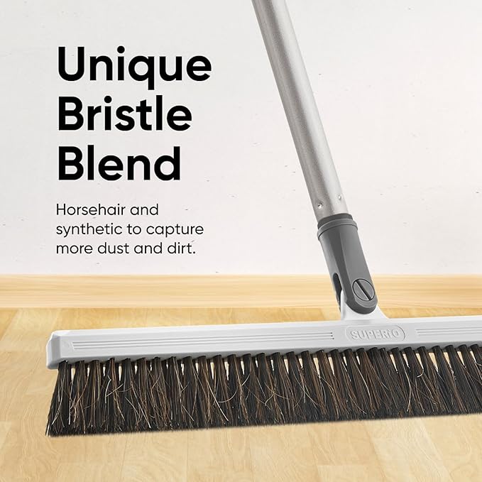 Horse Hair Broom for Hardwood Floors – 18" Soft Bristle Narrow Thin Swivel Upright Dust Broom for Dog Hair, Kitchen & Home Use – 54" Long Handle