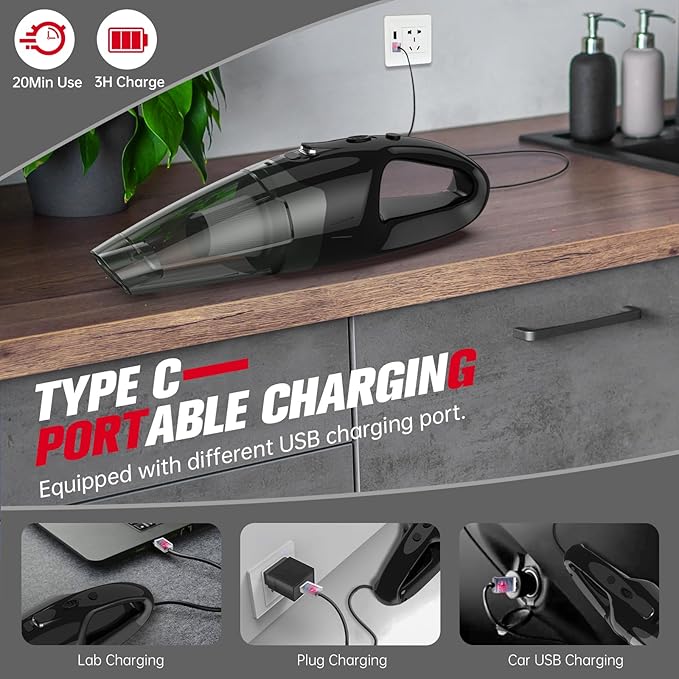 BSRCO 30-Min Runtime Pro Handheld Vacuum Cordless - 1.65lbs Ultra Lightweight, 3-in-1 with LED Light & HEPA Filter, for Car Detailing & Pet Hair (Graphite)