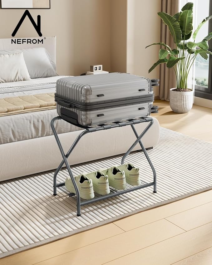 1-Piece Foldable Gray Luggage Rack Stand with Storage Shelf – Heavy Duty Metal Suitcase Holder, 150 lbs Top, 50 lbs Bottom, Fits 20”-28” Luggage – Guest Room, Bedroom, Hotel LR-GY-1