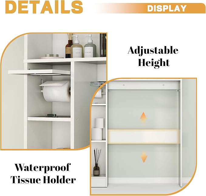 Over The Toilet Storage Cabinet, 32" W Over Toilet Bathroom Organizer with Toilet Paper Holder Stand, Home Space-Saving Toilet Rack with Shelves for Bathroom, Restroom (2 Barn Doors, White)