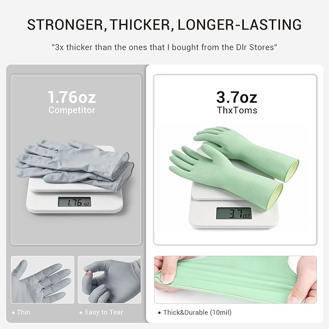 ThxToms 4 Pairs Reusable Rubber Gloves, 13" Natural Latex, 10mil Thick Heavy Duty Dishwashing & Cleaning Gloves, Non-Slip Grip, Multi-Color, Ideal for Kitchen, Bathroom, Car, & Garden Cleaning, Large