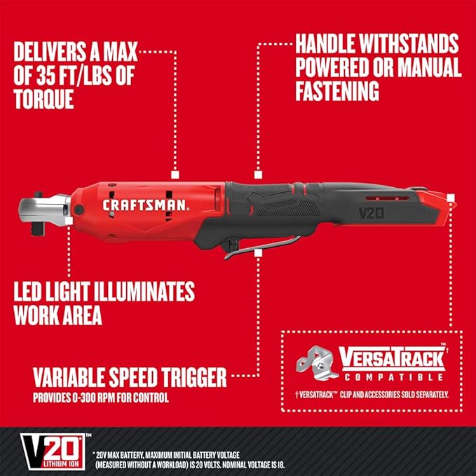 CRAFTSMAN V20 Cordless Ratchet Wrench, 3/8 inch Drive, 300 RPM, up to 35 ft-lbs of Torque, Bare Tool Only (CMCF930B)