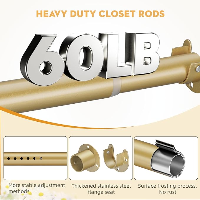 1.3 Inch Diameter Closet Rods for Hanging Clothes 17-75 Inch Adjustable, Metal Heavy Duty Closet Pole, Gold Closet Bar for Hanging Clothes, Suitable for Closet, Wardrobes, Bathroom, Windows