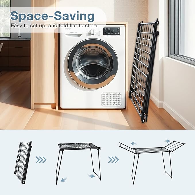 Clothes Drying Rack, with Sock Clips & with Buckle, Metal Laundry Rack, Foldable Gullwing Design, Free-Standing Laundry Airer Space-Saving, Free-Standing Airer, Indoor Outdoor Use, Black