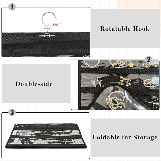 2 Pack Hanging Jewelry Organizer 80-Pocket Dual-sided Jewelry Storage for Earring Necklace Bracelet Ring Travel Holder, Black