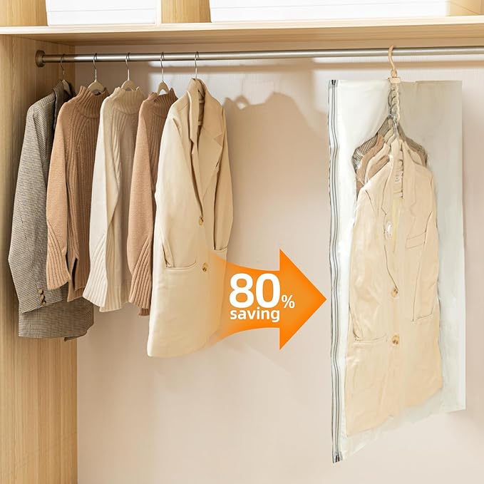 Hanging Vacuum Storage Bags with Electric Pump – 6 Pack (3 Long, 3 Short) Hanging Vacuum Seal Bags for Clothing, Closet Organizer Space Saver for Suits, Jackets & Coats