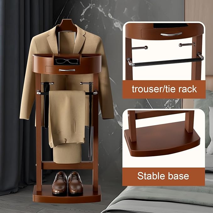 Wooden Suit Valet Stand for Men, Clothes Valet with Drawer, Shoe Rack, Tie Rack and Trouser Bar, Freestanding Clothes Organizer for Bedroom Entryway