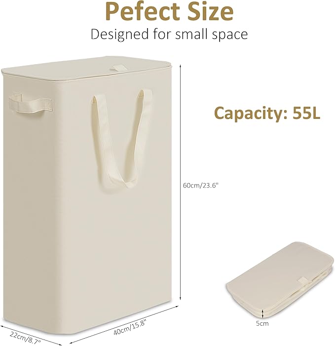efluky Slim Laundry Basket with Lid, Narrow Laundry Hamper with Handles, Collapsible Dirty Clothes Hamper, Tall Laundry Bin for Laundry Room, Dorm and Bedroom, 55L Beige