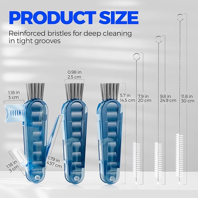 6 Pack Holikme 4 in 1 Cup Lid Cleaning Brush Set with 3 Straws, Multifunctional Bottle Brush, Silicone Cup Lid Gap Cleaner, Durable Bristle Crevice Cleaning Brush, Navy