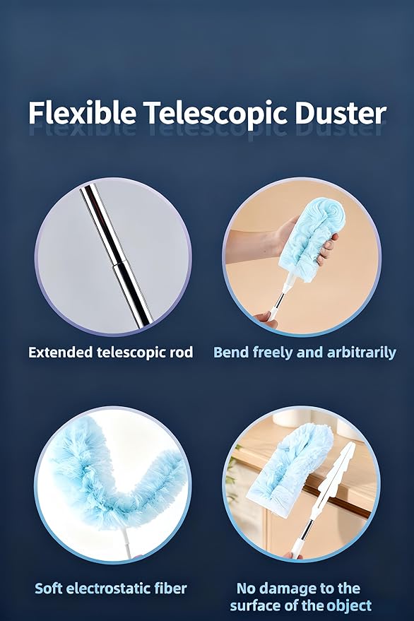 Heavy Duty Duster Refills, Disposable Dusters Kit for Cleaning Dusting Furniture Blind Ceiling Fan, Multi Surface 360 Feather Duster(10)+3FT Extended Handle（1） (Blue)
