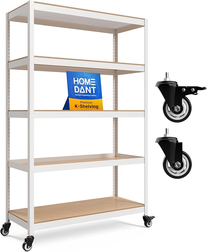HOMEDANT House 48.1" 5-Tier Metal Rolling Cart Shelf Rack Casters Heavy Duty Laminated Wheel Shelving Unit Adjustable Utility Storage Shelves Shelf Kitchen Garage White 1Pack