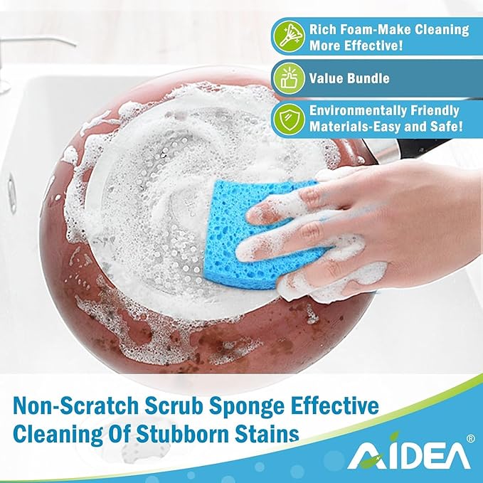 AIDEA Sponges Kitchen, Non-Scratch Scrub Sponge, 6Count, Sponges for Non-Stick Cookware, Kitchen Sponge for Dishes, Cleans Fast Without Scratching, Cleaning Power for Kitchen, Bathroom, Household