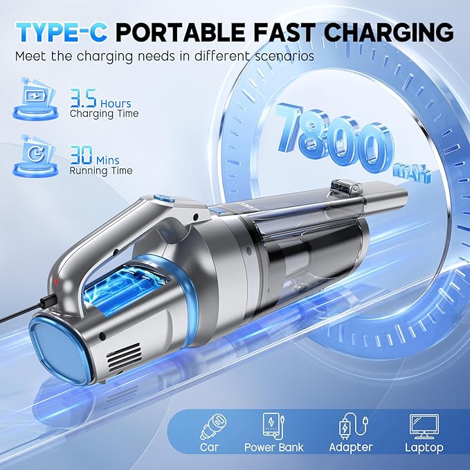 JONYJ Handheld Vacuum Cordless, 16000PA Strong Suction Hand Held Car Vacuum Cleaner, Portable Hand Vacuum Rechargeable with Multi-Nozzles & LED Light for Home, Car, Office, Pets