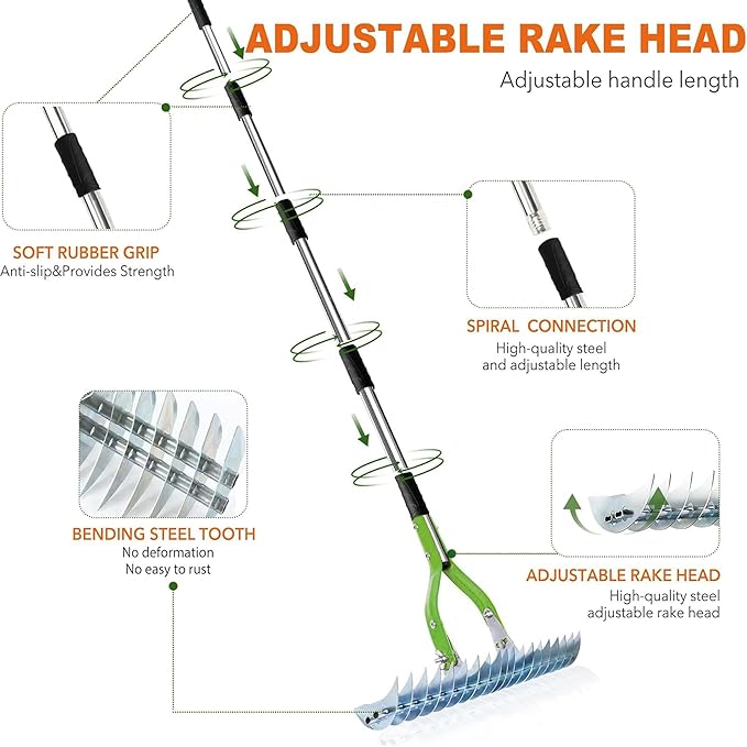 Thatch Rake,15" Lawn Dethatcher Rakes,Dead Grass Remover,Manual Dethatching Rake with Adjustable Length Handle,Scarifier Rake,Thatching Rakes for Lawns Grass Loosening Soil