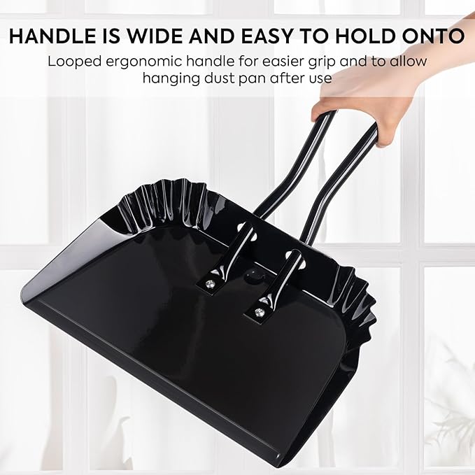 17In Extra Large Dust pan and Brush Set,Commercial Heavy-Duty Dust Pans and Wood Broom,Clip on Dust Pan Metal Edge Flat Against Floor for Patio/Pet/Car/Outdoor-Rubber Coated Easy to Grasp Handle