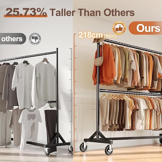 HOKEEPER Z Rack for Clothing Heavy Duty Clothes Rack Hold 550 LBS Commercial Garment Rack with Wheels Rolling Portable Z Base for Bedroom, Living Room, Laundry, Black, 22.8" D x 62.6" W x 87.8" H
