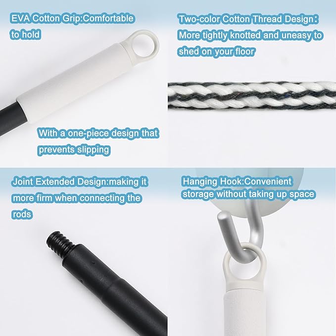 Indoor Mop for Floor Cleaning - Cotton Mops for Floor Cleaning, Regular Mop for Floors, 52-inch Simple Mops for Cleaning Living Rooms, Bathrooms, and Kitchens. (White&Grey)