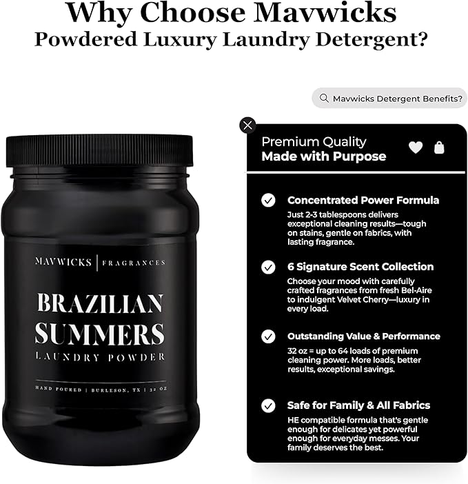 Luxury Laundry Detergent Powder (Brazilian Summers) 32 Oz – Concentrated for Tough Stains and Odors, For All Washing machine types – Gentle on Fabrics