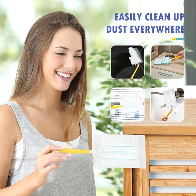 60 Count 180° Duster Refills Compatible with Dusters 180 Handle Dusters, Heavy Duty Multi-Surface Duster Replacement with 1 Extra Handle, Unscented
