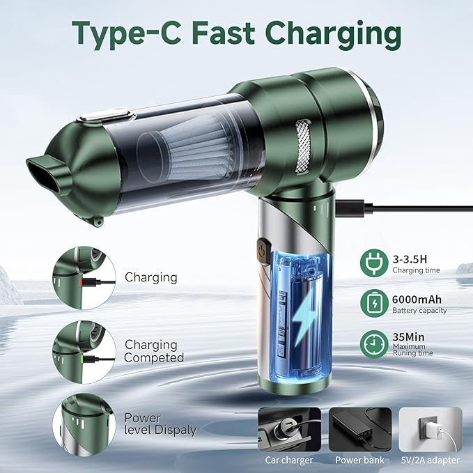 Car Vacuum Portable Cordless 22000PA High Power Handheld Mini Vacuum Cleaner Rechargeable Foldable with Brushless Motor Air Blower Duster Pump for Car Home Office Pet (Green)