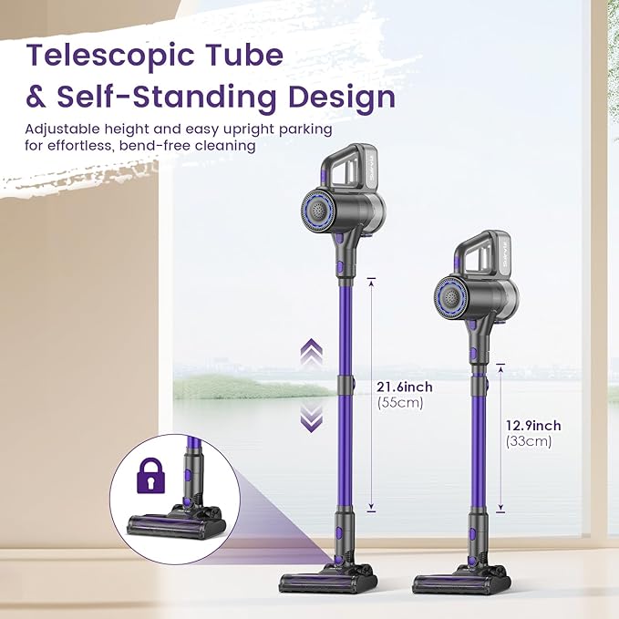 Suirviz Cordless Vacuum Cleaner, 40KPA/500W/35Mins, Green LED Light, Lightweight Stick Vacuum Self-Standing, Vacuum Cleaners for Home Handheld Vacuum for Pet Hair, Carpet, and Hard Floors, U8