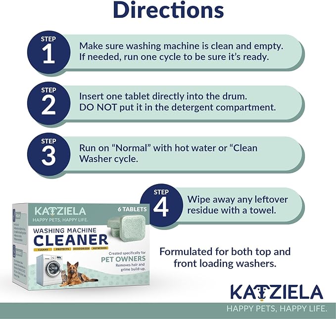 Katziela Washing Machine Cleaner Tablets – 6 Pack (3-Month Supply) – Loosens Pet Hair & Eliminates Odors – Fragrance-Free Enzyme Formula – Safe for All Washers – HE Compatible & Septic Safe