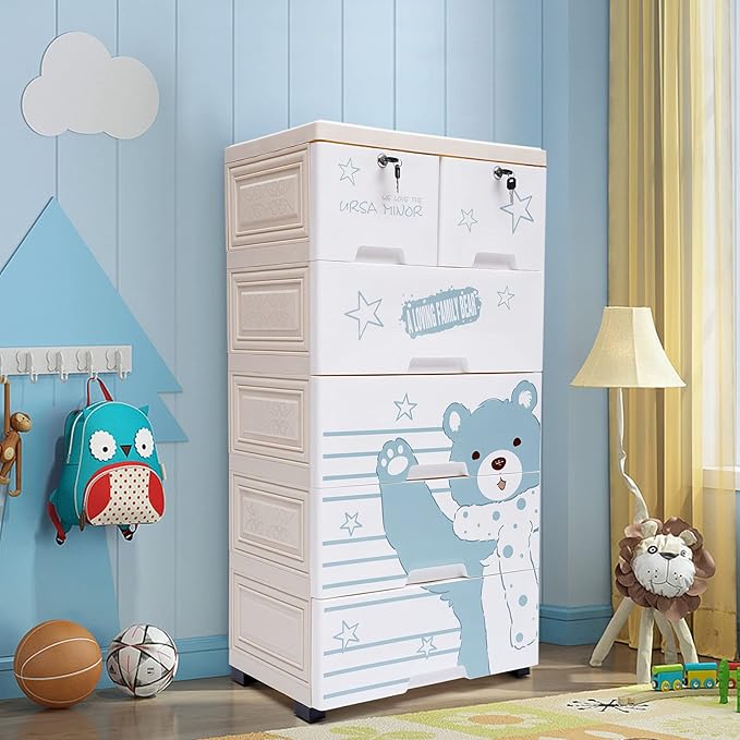 6 Drawer Plastic Storage Tower Cabinet, 5 Layers Polar Bear Closet with 5 Wheels, Closet Drawers Tall Dresser Organizer for Clothes Playroom Bedroom Furniture, Multi-Color