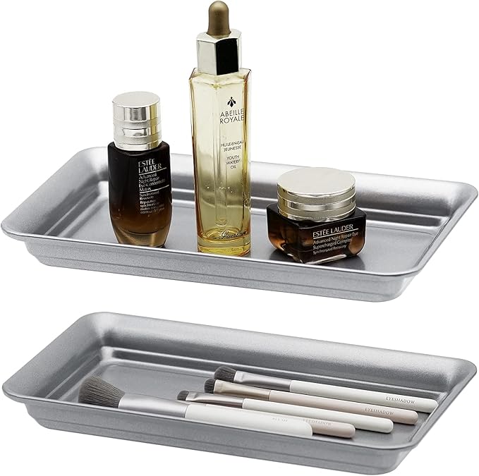 Vintage Farmhouse Decor Metal Vanity Tray(2 Pack),Countertop Guest Hand Towel Storage Organizer Tray Dispenser, Sturdy Holder for Perfume,Cosmetics, Jewelry, Makeup Bathroom Organizer (Silver)