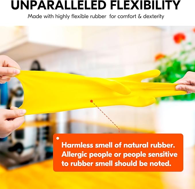 Vgo... 3-Pairs Reusable Household Gloves, Rubber Dishwashing gloves, Extra Thickness, Long Sleeves, Kitchen Cleaning, Working, Painting, Gardening, Pet Care (Size M, Yellow, HH4601)