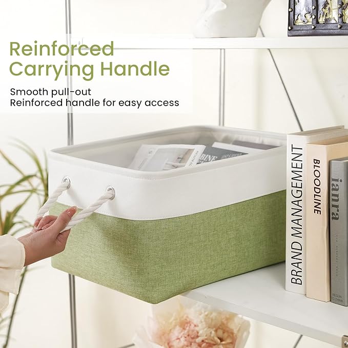 Large Storage Baskets- 15.7x11.8x8.26 inch Storage Bins for Shelves and Closet Organizing, Foldable Fabric Bin for Home Organization Clothes and Laundry (1-Pack, White&Green)