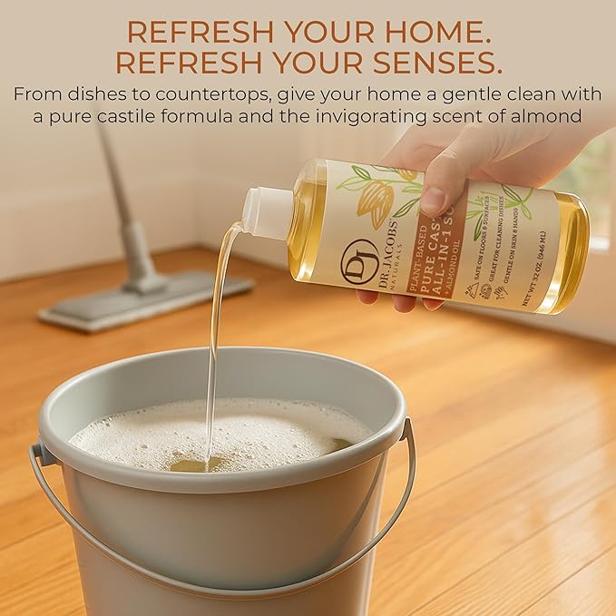 Dr. Jacobs Naturals Almond Castile All-in-One Cleaner and Soap - Plant-Based Formula for House Cleaning Floors and Appliances - Gentle on Skin and the Planet - 32 oz, 2 Pack