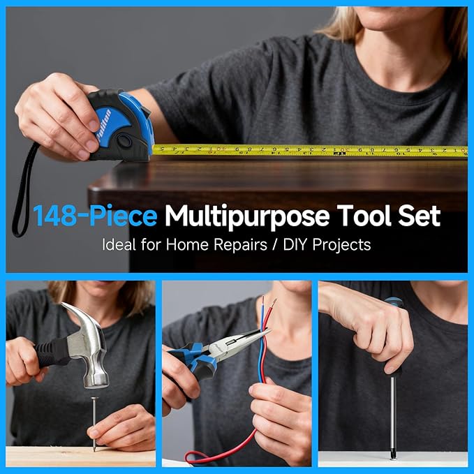PULITUO Tool Set, 148-Piece Home Drill Set with 12V Blue Cordless Drill, Hand tool Kits, and Box, Suitable for Men, Women, and DIY Enthusiasts for Home Improvement.