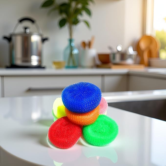 6Pcs Random Color Plastic Cleaning Ball Dish Cleaner Brush,Non Scratch Round Dish Scrubbers,Nylon Scouring Pads,Mesh Scourers Poly Mesh Scouring Dish Pads Cleaning Supplies for Dishes,Dishwashing