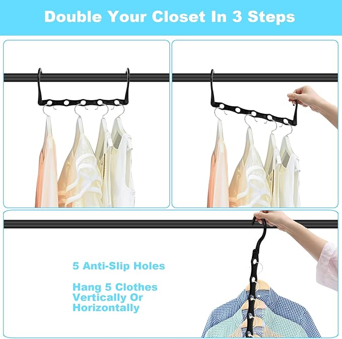 DUCOO Space Saving Hangers 10 Pack, Heavy Duty Magic Cascading Hanger Organizer with 5 Enclosed Anti-Slip Holes, Closet Organizers and Storage for Clothes, College Dorm Room Essentials, Black