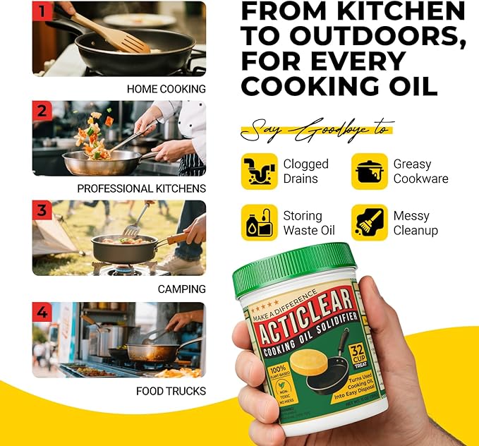 Cooking Oil Solidifier - 22oz (64 Cups) Algae-Based Grease Hardener for Easy Disposal, Turns Used Cooking Oils to Solid Waste, Kitchen Fry Oil Solution (4.4 Gallons)