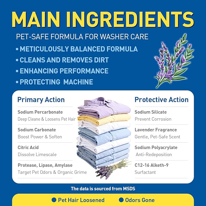 24 Count Washing Machine Cleaner for Pet Hair Relief Tablets - HE-Safe, Septic-Safe, Lavender Scent, 1-Year+ Supply, Pet-Friendly Washer Cleaner for Top/Front Load Washers