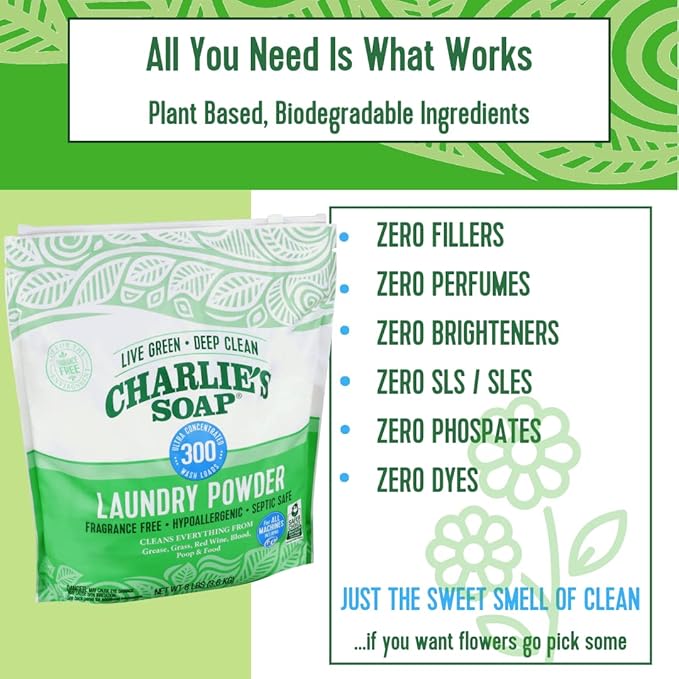 Charlie’s Soap Laundry Powder (300 Loads, 2 Pack) Hypoallergenic Deep Cleaning Washing Powder Detergent – Eco-Friendly, Safe, and Effective