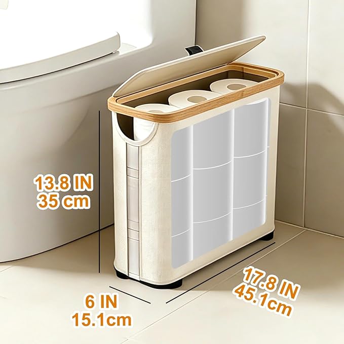 Toilet Paper Roll Storage, Bathroom Slim Toilet Paper Storage with Lid for 12 Rolls, Ultimate Bathroom Organizer with Anti-Slip Base, Beige 30L