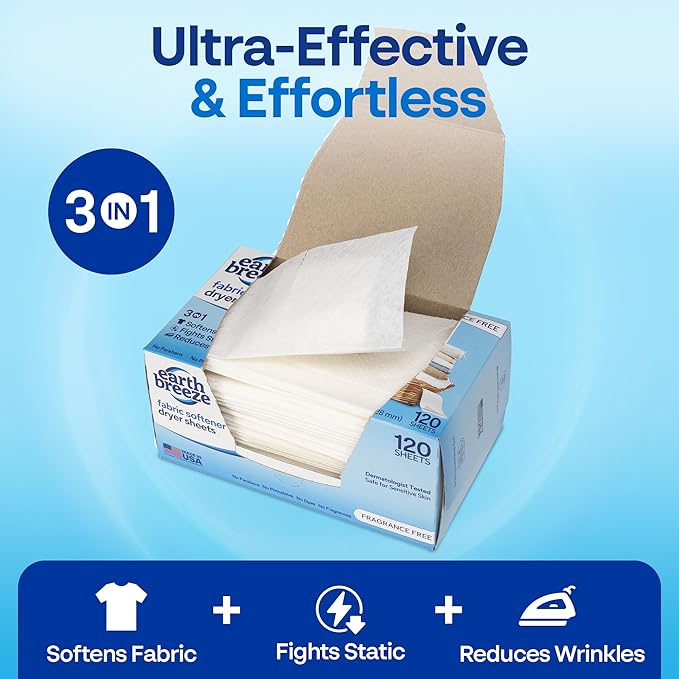 Earth Breeze Fabric Softener Dryer Sheets – Fragrance Free, Hypoallergenic, No Harsh Chemicals, Safe for Sensitive Skin – Static Cling & Wrinkle Reducer – Gentle Fabric Care – Made in USA (2 Pack)