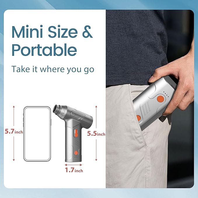Mini Compressed Air Duster - 160000RPM Electric Air Duster, Stepless Speed Tiny Rechargeable Cordless Air Blower for Electric Devices Cleaning Replaces Compressed Air Cans, Sliver